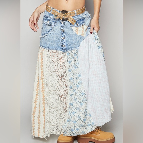 POL Dresses & Skirts - POL Blue and Cream Patchwork Maxi Skirt